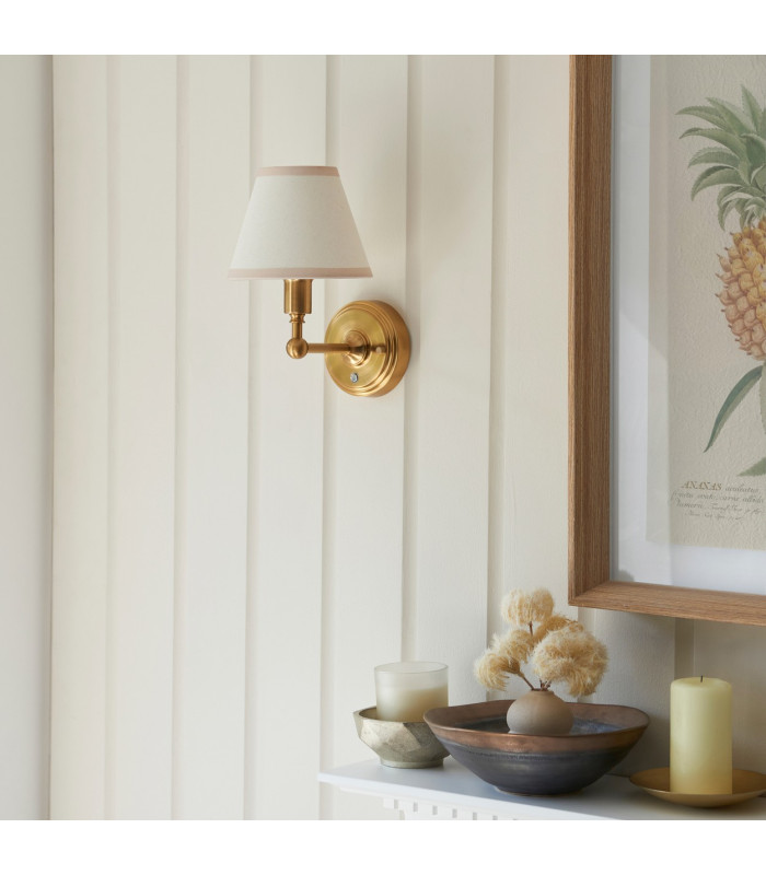 Burley Rechargeable Brushed Aged Brass Plate Wall Light with Vintage White Fabric Ivy Shade 16cm Integrated LED-3