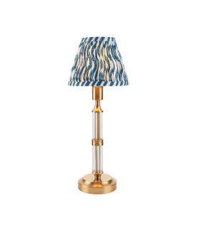 Morton Rechargeable Brushed Aged Brass Plate Table Lamp with Marlin Blue Fabric Ripple Shade 16cm Integrated LED-1