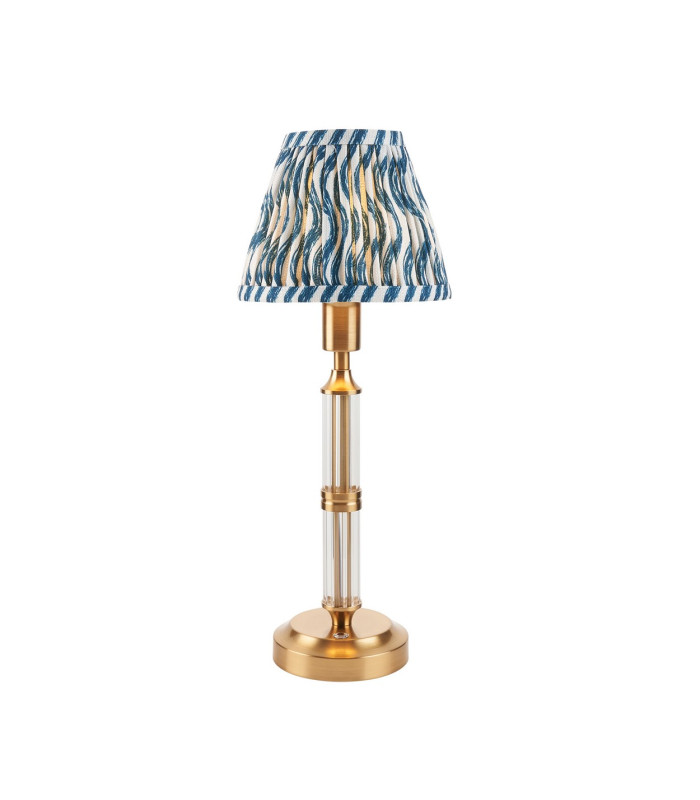 Morton Rechargeable Brushed Aged Brass Plate Table Lamp with Marlin Blue Fabric Ripple Shade 16cm Integrated LED-1