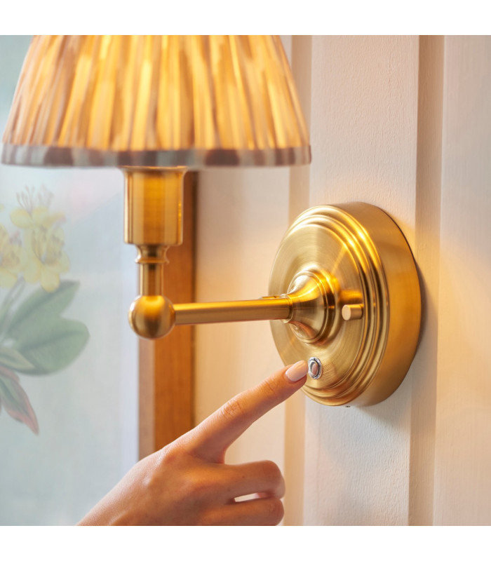 Burley Rechargeable Brushed Aged Brass Plate Wall Light with Neutral Print Fabric Ikat Shade 16cm Integrated LED-4