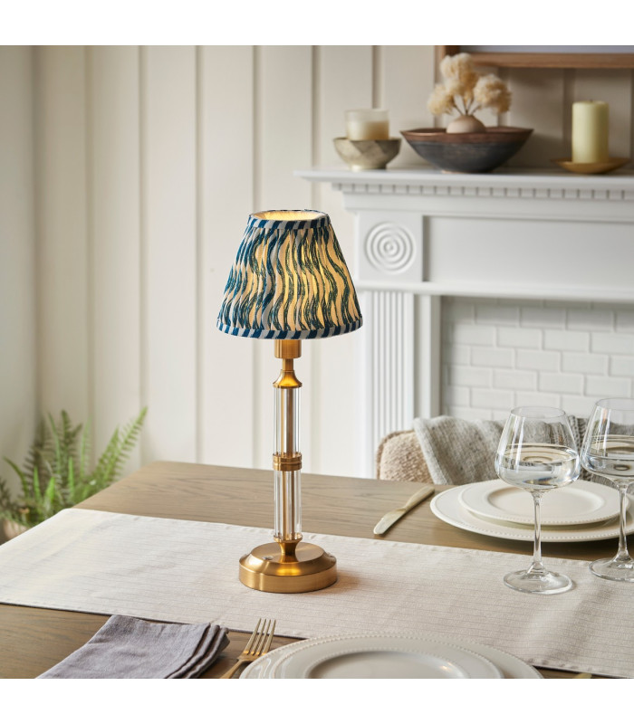 Morton Rechargeable Brushed Aged Brass Plate Table Lamp with Marlin Blue Fabric Ripple Shade 16cm Integrated LED-2