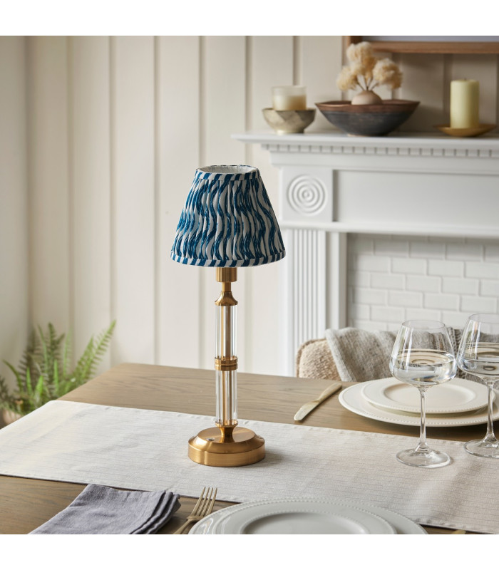 Morton Rechargeable Brushed Aged Brass Plate Table Lamp with Marlin Blue Fabric Ripple Shade 16cm Integrated LED-3