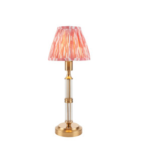 Morton Rechargeable Brushed Aged Brass Plate Table Lamp with Coral Pink Fabric Ikat Shade 16cm Integrated LED-1