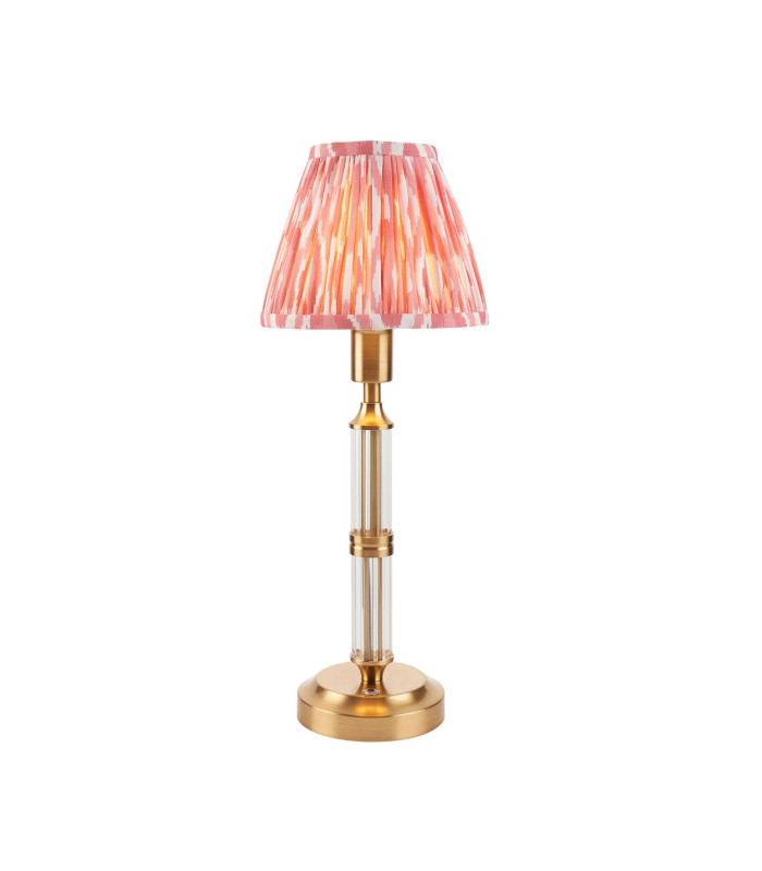 Morton Rechargeable Brushed Aged Brass Plate Table Lamp with Coral Pink Fabric Ikat Shade 16cm Integrated LED-1