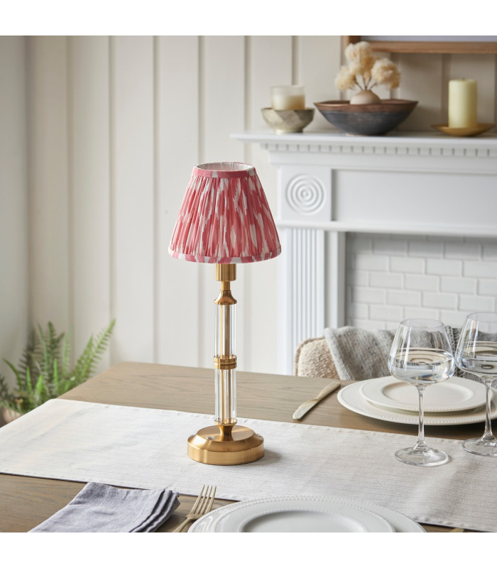 Morton Rechargeable Brushed Aged Brass Plate Table Lamp with Coral Pink Fabric Ikat Shade 16cm Integrated LED-3
