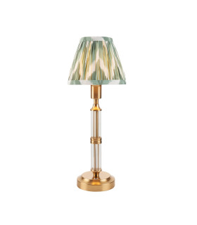 Morton Rechargeable Brushed Aged Brass Plate Table Lamp with Cotswold Green Fabric Zigzag Shade 16cm Integrated LED-1
