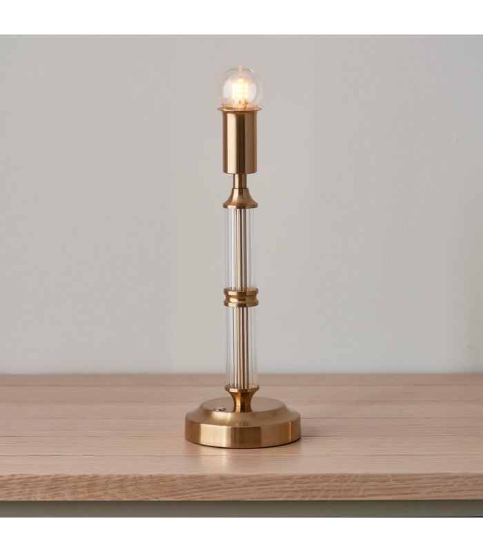 Morton Rechargeable Brushed Aged Brass Plate Table Lamp with Coral Pink Fabric Ikat Shade 16cm Integrated LED-5