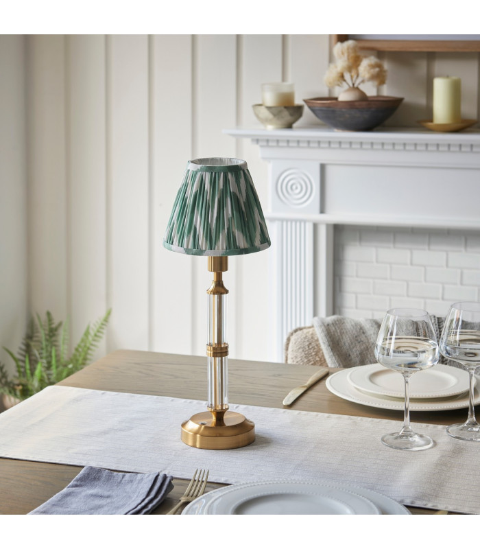 Morton Rechargeable Brushed Aged Brass Plate Table Lamp with Cotswold Green Fabric Zigzag Shade 16cm Integrated LED-3