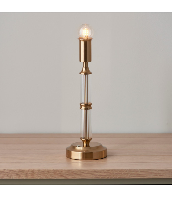 Morton Rechargeable Brushed Aged Brass Plate Table Lamp with Cotswold Green Fabric Zigzag Shade 16cm Integrated LED-5