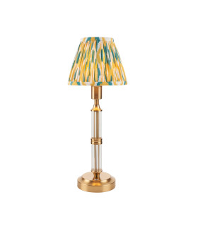 Morton Rechargeable Brushed Aged Brass Plate Table Lamp with Yellow/Jade Fabric Ikat Shade 16cm Integrated LED-1