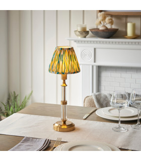 Morton Rechargeable Brushed Aged Brass Plate Table Lamp with Yellow/Jade Fabric Ikat Shade 16cm Integrated LED-2