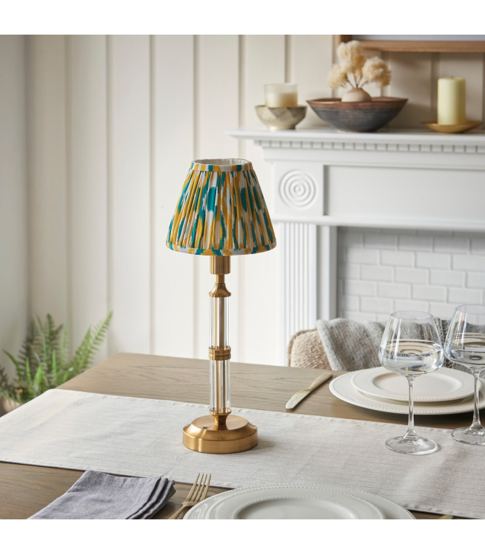 Morton Rechargeable Brushed Aged Brass Plate Table Lamp with Yellow/Jade Fabric Ikat Shade 16cm Integrated LED-3