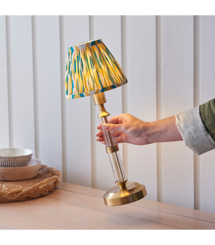 Morton Rechargeable Brushed Aged Brass Plate Table Lamp with Yellow/Jade Fabric Ikat Shade 16cm Integrated LED-4