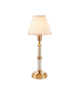 Morton Rechargeable Brushed Aged Brass Plate Table Lamp with Vintage White Fabric Ivy Shade 16cm Integrated LED-1