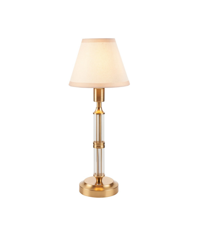 Morton Rechargeable Brushed Aged Brass Plate Table Lamp with Vintage White Fabric Ivy Shade 16cm Integrated LED-1
