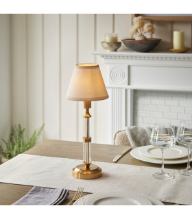Morton Rechargeable Brushed Aged Brass Plate Table Lamp with Vintage White Fabric Ivy Shade 16cm Integrated LED-2