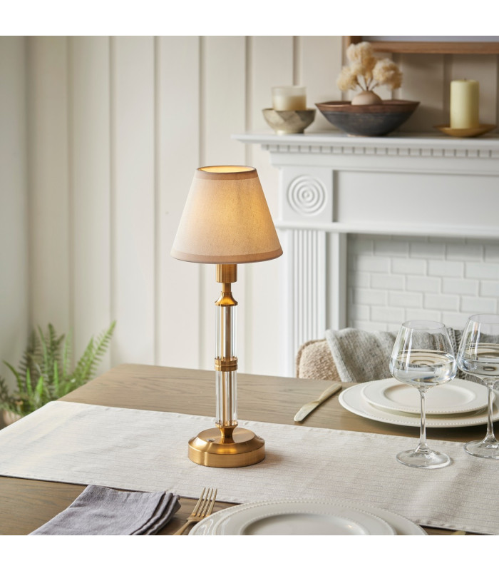 Morton Rechargeable Brushed Aged Brass Plate Table Lamp with Vintage White Fabric Ivy Shade 16cm Integrated LED-2