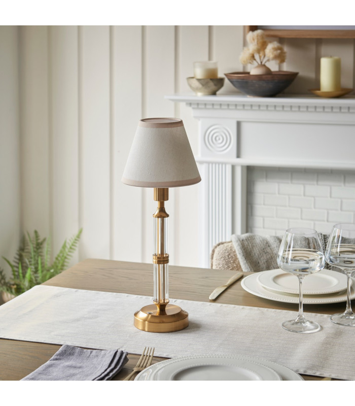 Morton Rechargeable Brushed Aged Brass Plate Table Lamp with Vintage White Fabric Ivy Shade 16cm Integrated LED-3
