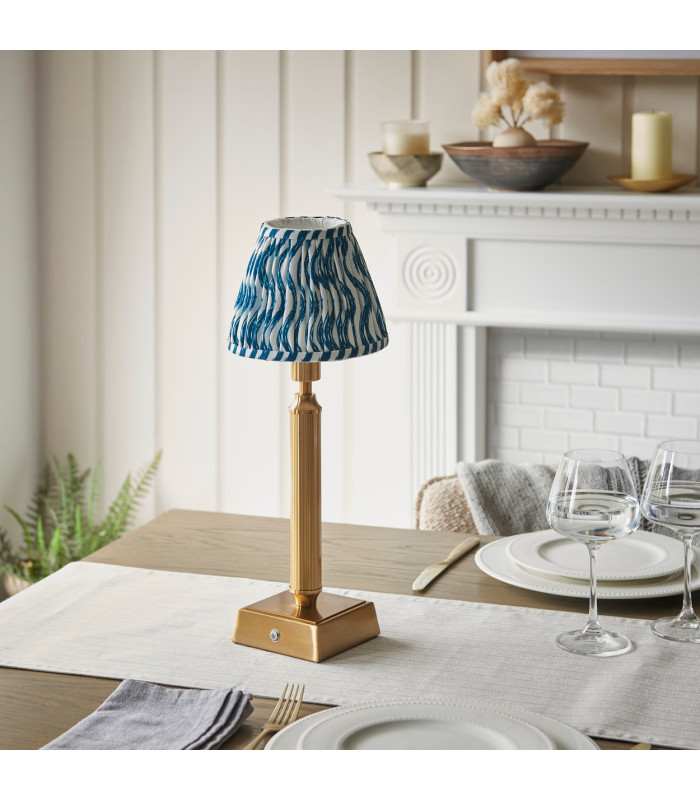 Trobridge Rechargeable Brushed Aged Brass Plate Table Lamp with Marlin Blue Fabric Ripple Shade 16cm Integrated LED-3