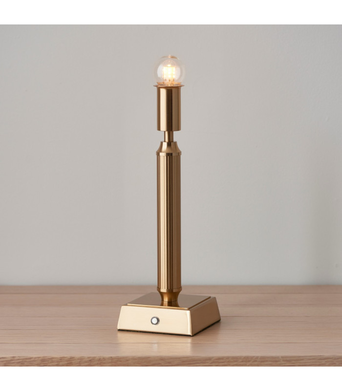 Trobridge Rechargeable Brushed Aged Brass Plate Table Lamp with Coral Pink Fabric Ikat Shade 16cm Integrated LED-5
