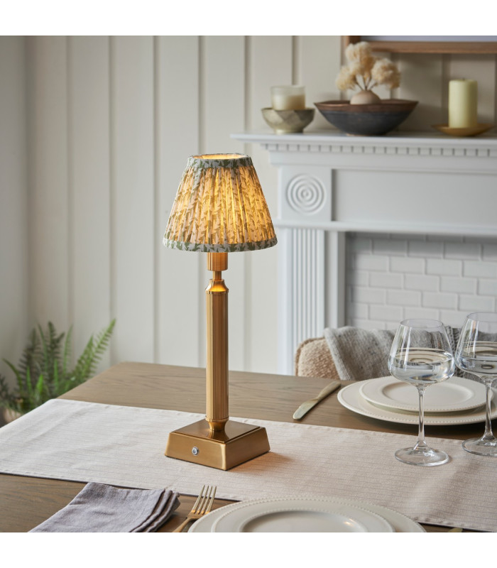 Trobridge Rechargeable Brushed Aged Brass Plate Table Lamp with Herb Garden Green Fabric Leaf Shade 16cm Integrated LED-2