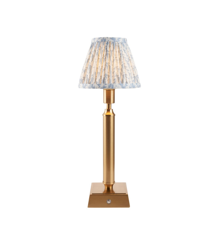 Trobridge Rechargeable Brushed Aged Brass Plate Table Lamp with Shell Bay Blue Fabric Leaf Shade 16cm Integrated LED-1