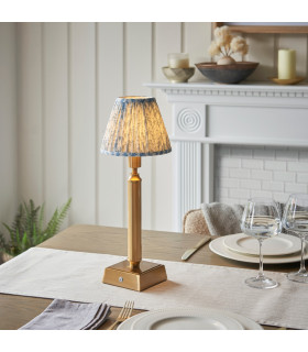 Trobridge Rechargeable Brushed Aged Brass Plate Table Lamp with Shell Bay Blue Fabric Leaf Shade 16cm Integrated LED-2