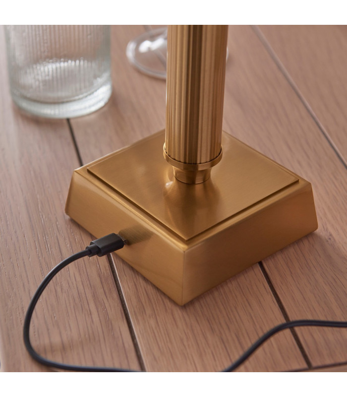 Trobridge Rechargeable Brushed Aged Brass Plate Table Lamp with Shell Bay Blue Fabric Leaf Shade 16cm Integrated LED-7
