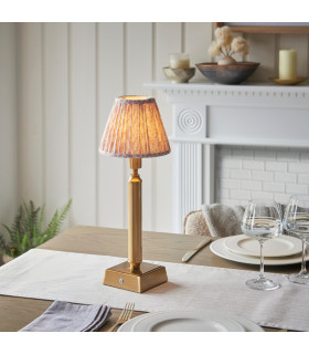 Trobridge Rechargeable Brushed Aged Brass Plate Table Lamp with Peachy Keen Fabric Leaf Shade 16cm Integrated LED-2