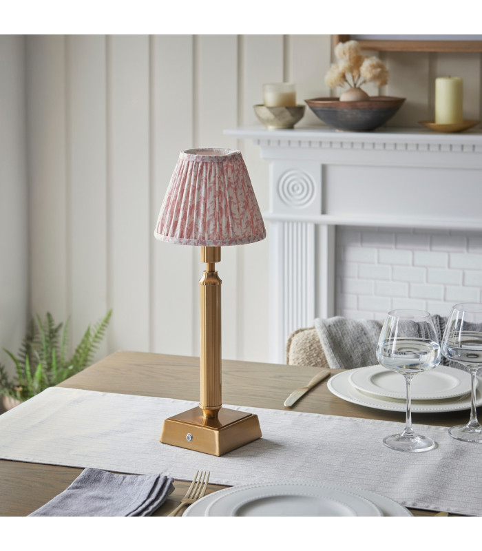 Trobridge Rechargeable Brushed Aged Brass Plate Table Lamp with Peachy Keen Fabric Leaf Shade 16cm Integrated LED-3
