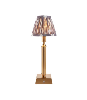 Trobridge Rechargeable Brushed Aged Brass Plate Table Lamp with Pearl Grey Fabric Ikat Shade 16cm Integrated LED-1