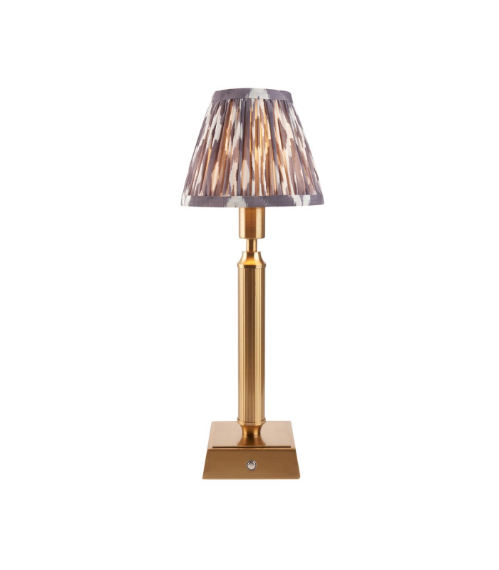 Trobridge Rechargeable Brushed Aged Brass Plate Table Lamp with Pearl Grey Fabric Ikat Shade 16cm Integrated LED-1