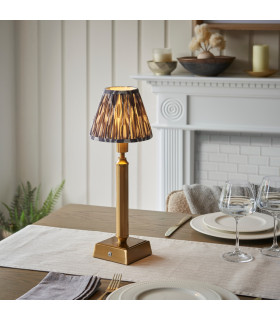 Trobridge Rechargeable Brushed Aged Brass Plate Table Lamp with Pearl Grey Fabric Ikat Shade 16cm Integrated LED-2