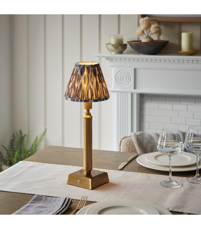 Trobridge Rechargeable Brushed Aged Brass Plate Table Lamp with Pearl Grey Fabric Ikat Shade 16cm Integrated LED-2