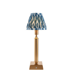 Trobridge Rechargeable Brushed Aged Brass Plate Table Lamp with Marlin Blue Fabric Ikat Shade 16cm Integrated LED-1