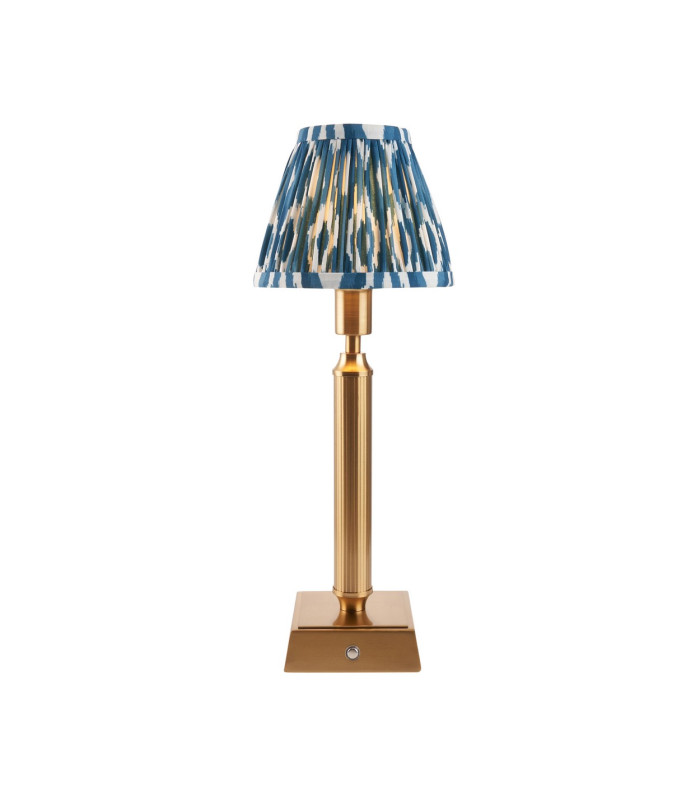 Trobridge Rechargeable Brushed Aged Brass Plate Table Lamp with Marlin Blue Fabric Ikat Shade 16cm Integrated LED-1