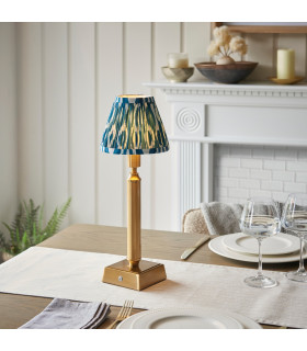 Trobridge Rechargeable Brushed Aged Brass Plate Table Lamp with Marlin Blue Fabric Ikat Shade 16cm Integrated LED-2