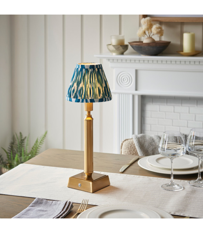 Trobridge Rechargeable Brushed Aged Brass Plate Table Lamp with Marlin Blue Fabric Ikat Shade 16cm Integrated LED-2