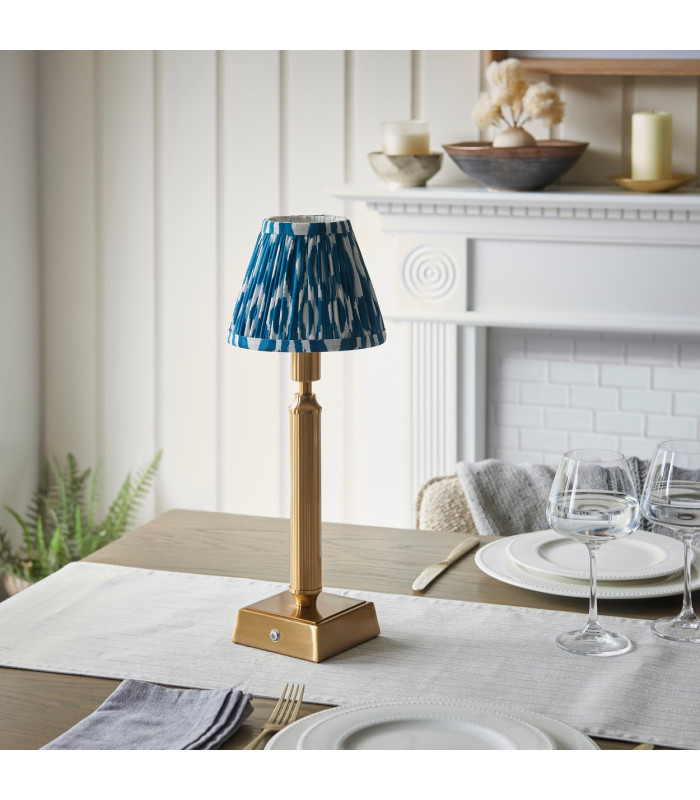 Trobridge Rechargeable Brushed Aged Brass Plate Table Lamp with Marlin Blue Fabric Ikat Shade 16cm Integrated LED-3