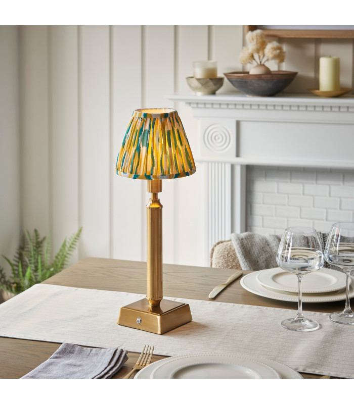 Trobridge Rechargeable Brushed Aged Brass Plate With Yellow Table Lamp with Jade Fabric Ikat Shade 16cm Integrated LED-2