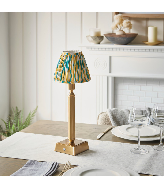 Trobridge Rechargeable Brushed Aged Brass Plate With Yellow Table Lamp with Jade Fabric Ikat Shade 16cm Integrated LED-3