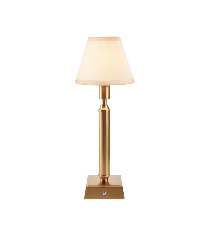 Trobridge Rechargeable Brushed Aged Brass Plate Table Lamp with Vintage White Fabric Ivy Shade 16cm Integrated LED-1