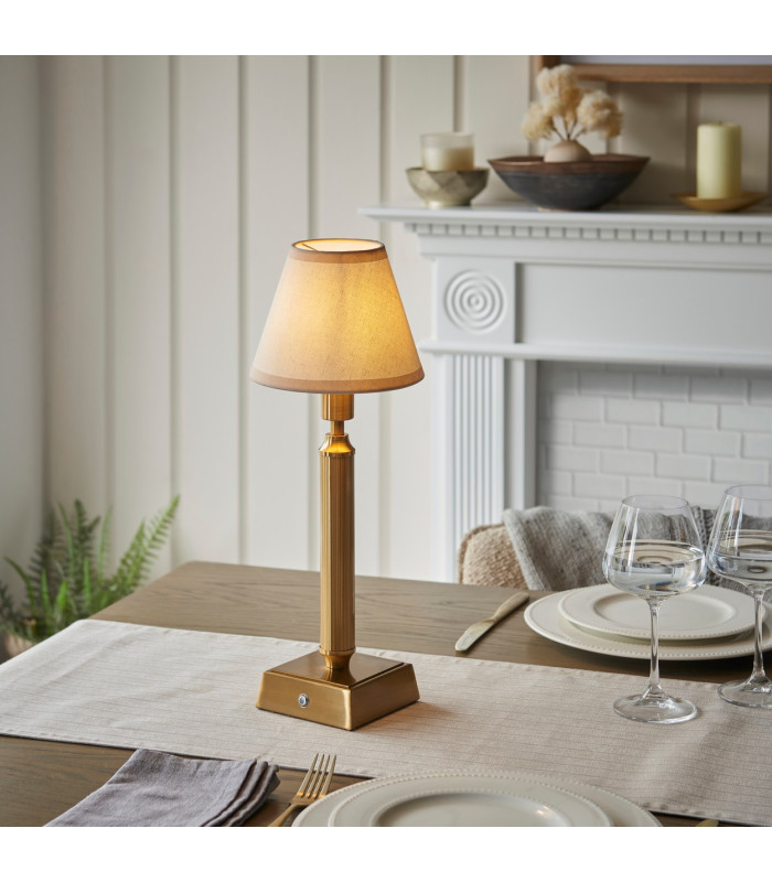 Trobridge Rechargeable Brushed Aged Brass Plate Table Lamp with Vintage White Fabric Ivy Shade 16cm Integrated LED-2