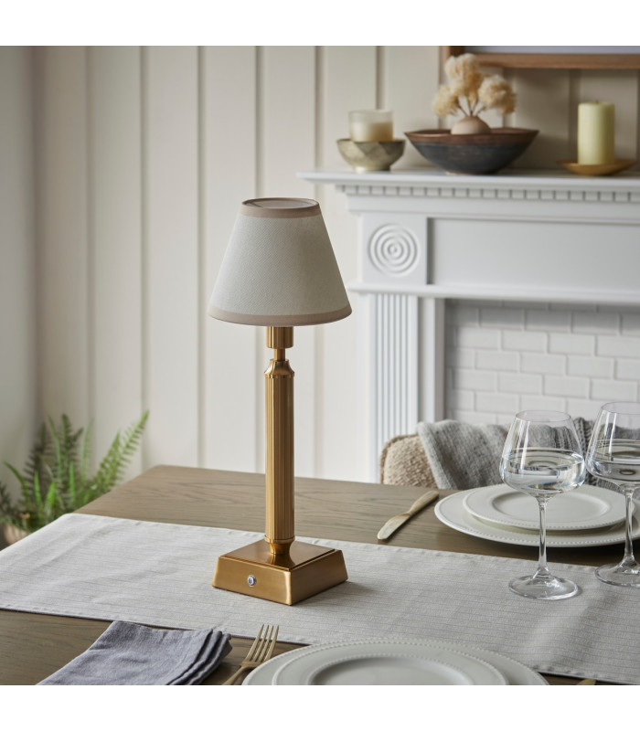 Trobridge Rechargeable Brushed Aged Brass Plate Table Lamp with Vintage White Fabric Ivy Shade 16cm Integrated LED-3