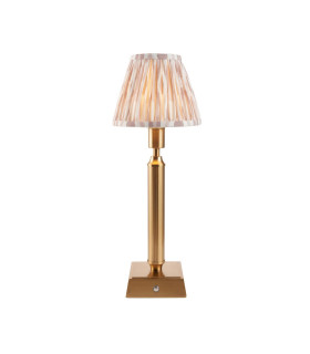Trobridge Rechargeable Brushed Aged Brass Plate Table Lamp with Neutral Print Fabric Ikat Shade 16cm Integrated LED-1