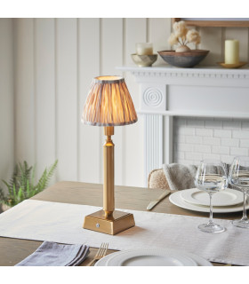 Trobridge Rechargeable Brushed Aged Brass Plate Table Lamp with Neutral Print Fabric Ikat Shade 16cm Integrated LED-2