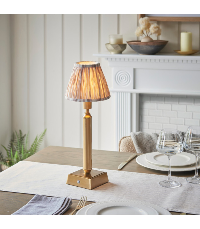 Trobridge Rechargeable Brushed Aged Brass Plate Table Lamp with Neutral Print Fabric Ikat Shade 16cm Integrated LED-2