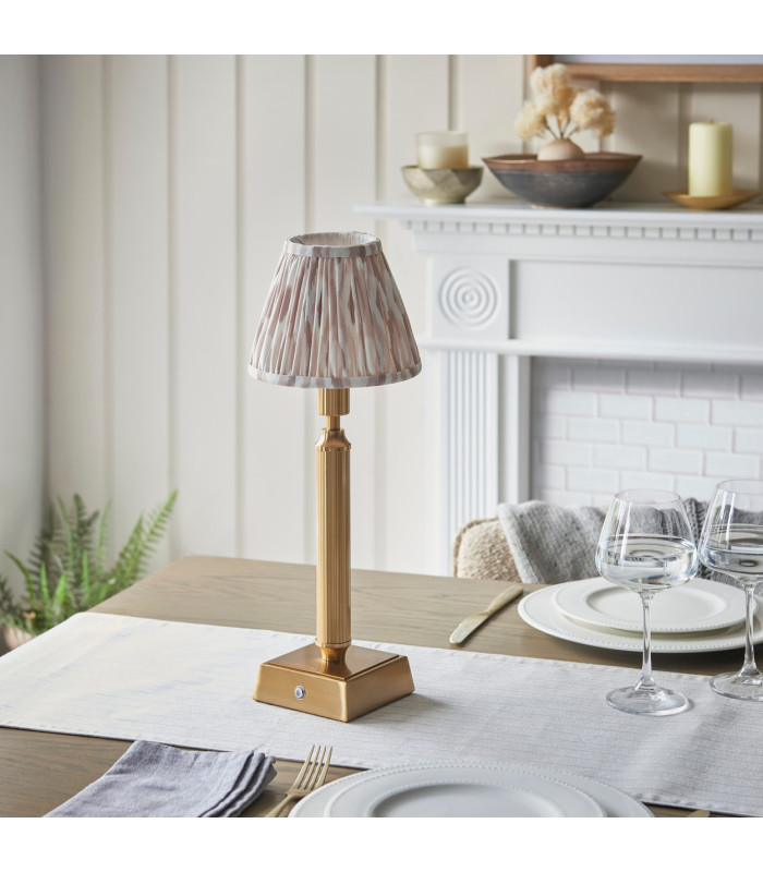 Trobridge Rechargeable Brushed Aged Brass Plate Table Lamp with Neutral Print Fabric Ikat Shade 16cm Integrated LED-3