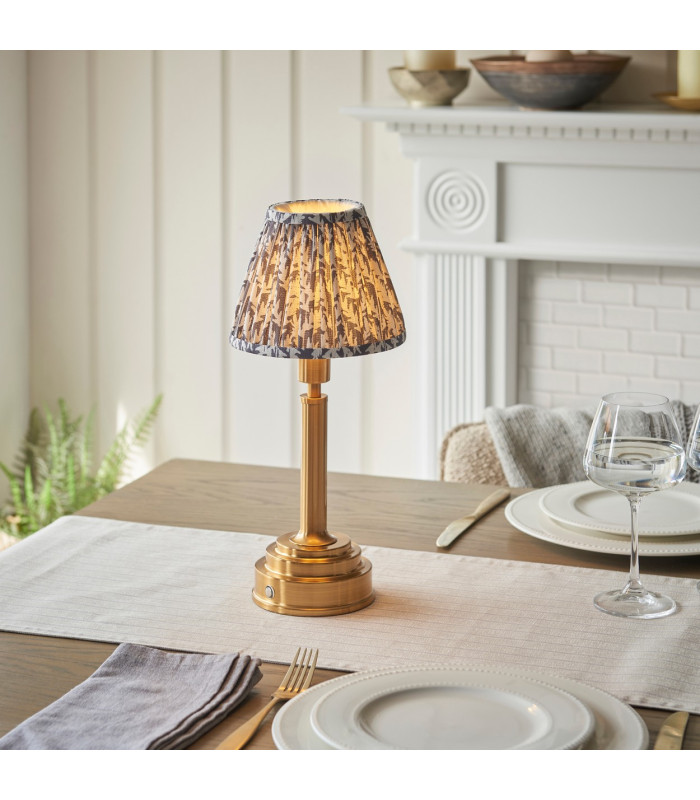 Upton Rechargeable Brushed Aged Brass Plate Table Lamp with Pearl Grey Fabric Leaf Shade 16cm Integrated LED-2