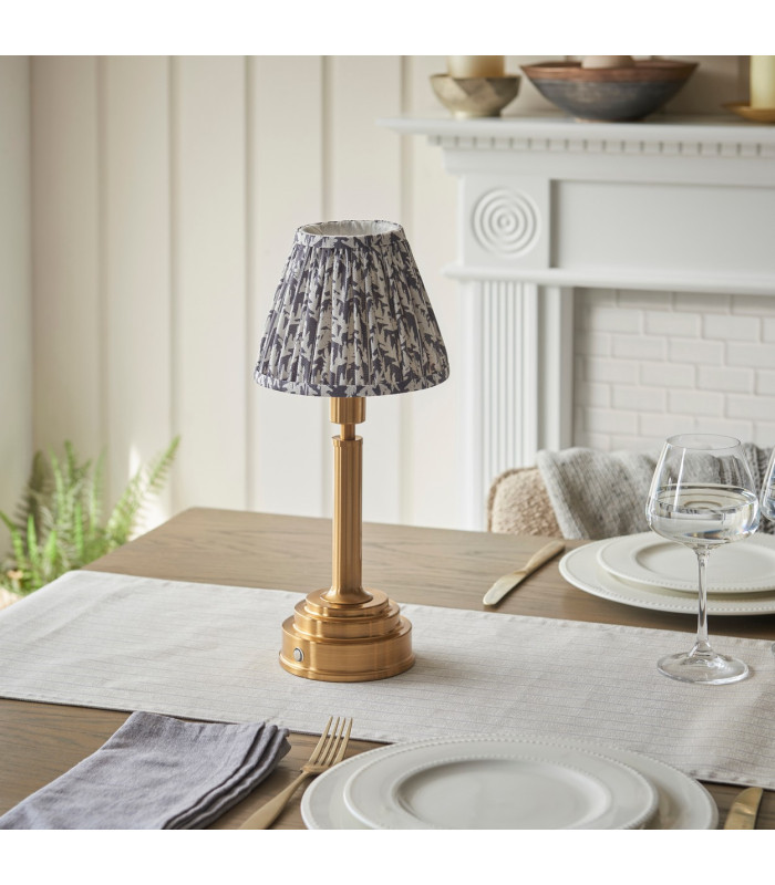 Upton Rechargeable Brushed Aged Brass Plate Table Lamp with Pearl Grey Fabric Leaf Shade 16cm Integrated LED-3